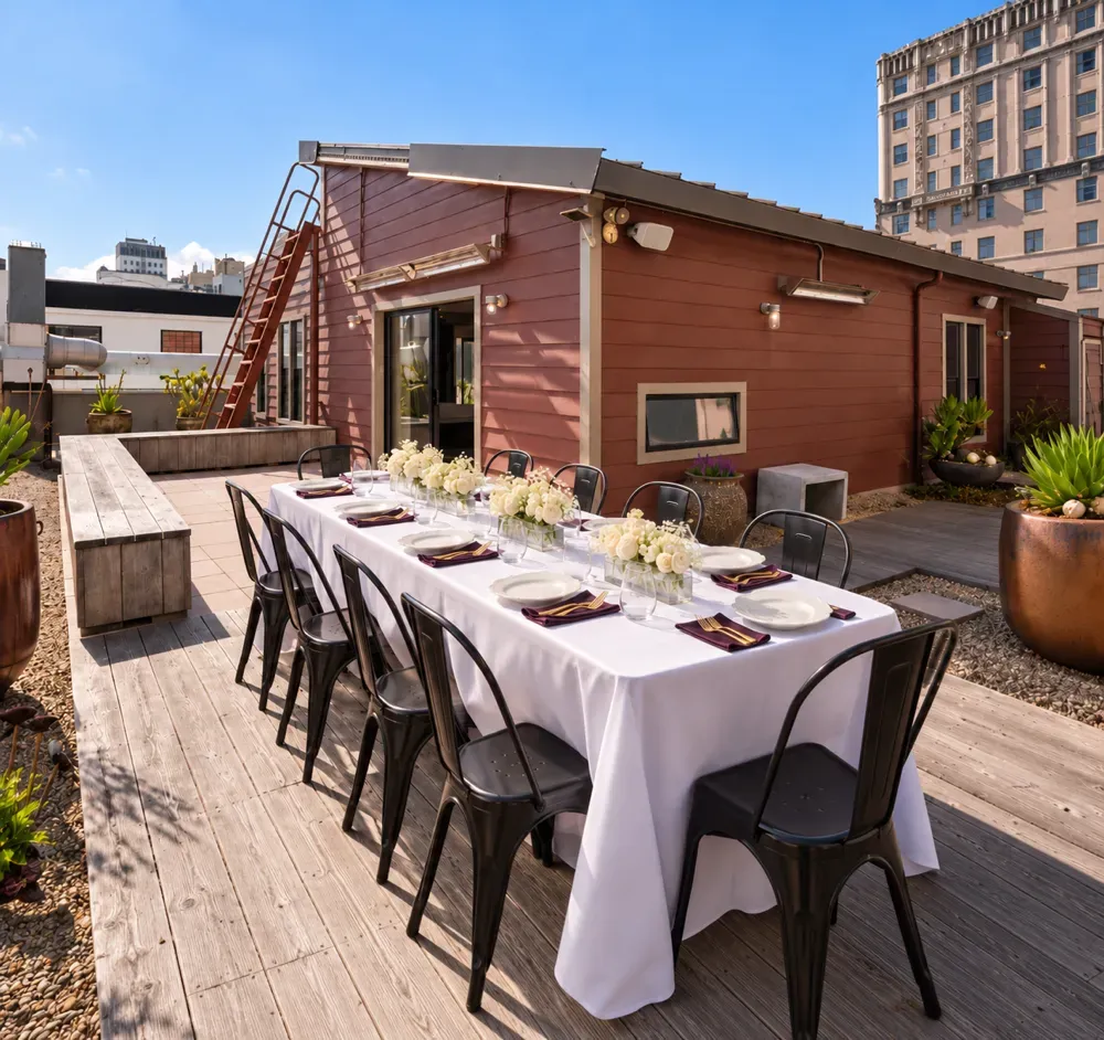 The penthouse and its private rooftop, with the terrace door open
