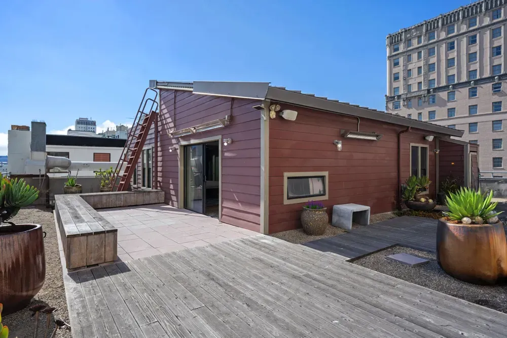 The penthouse and its private rooftop, with the terrace door open